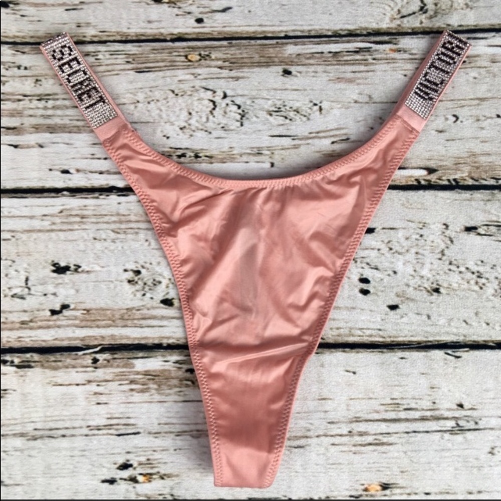 NWT Medium Victoria’s Secret Satin Logo Shine Strap Thong Panty Silky Bling Sexy